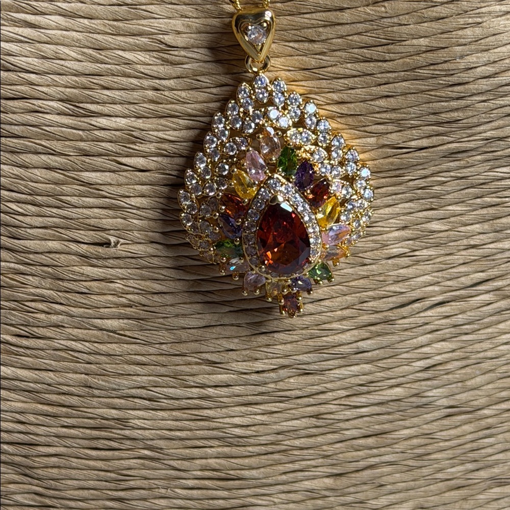 Gold-Tone Multicolor Teardrop Pendant Necklace - Fashion Jewelry